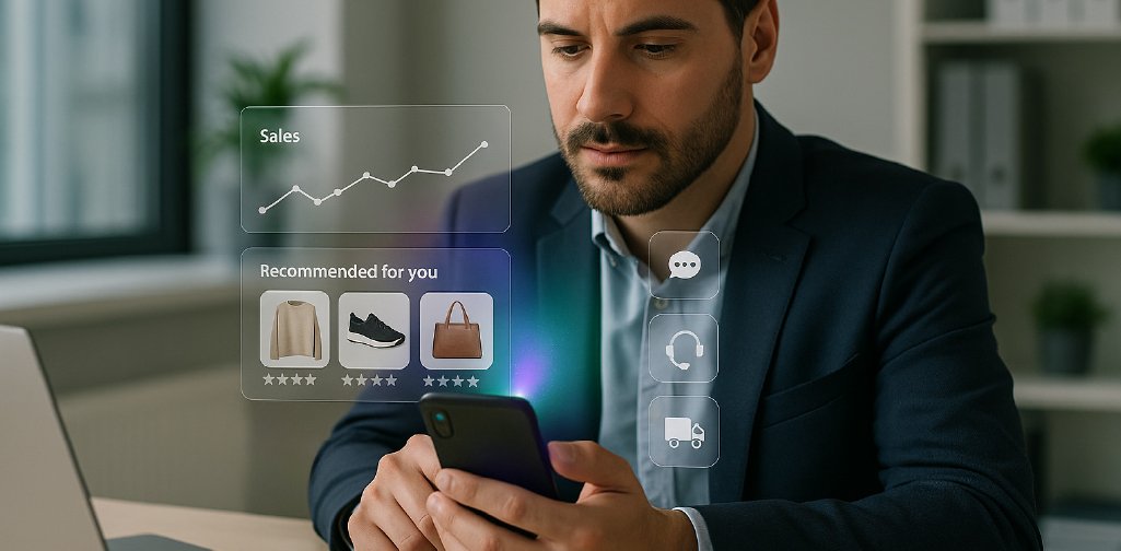 Panel de agentes de IA para ecommerce mostrando recomendación, asistencia y posventa en una sola plataforma