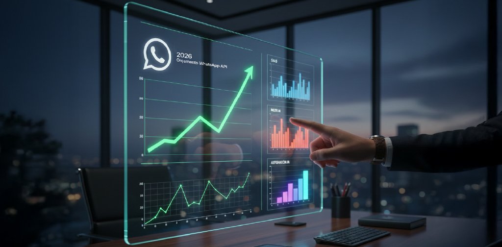 Uma mão humana interagindo com um gráfico de barras digital em um tablet, simbolizando o planejamento e o orçamento da API do WhatsApp para comércio eletrônico em 2026.