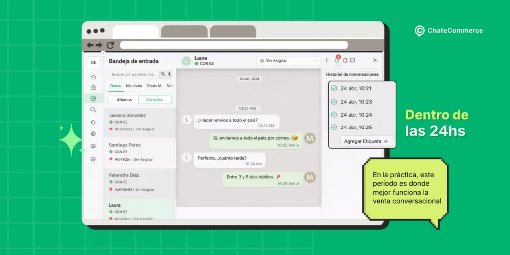 Esquema de la ventana de 24 horas de WhatsApp Business con mensajes dentro de sesión
