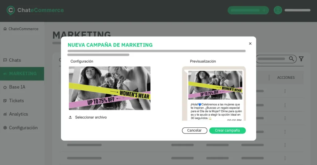 Marca preparando una campaña estacional con producto, marketing y canal de WhatsApp integrados