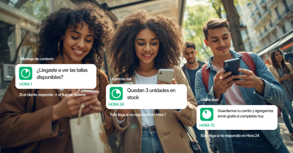 Flujo de seguimiento automático de carrito abandonado por WhatsApp en tres pasos