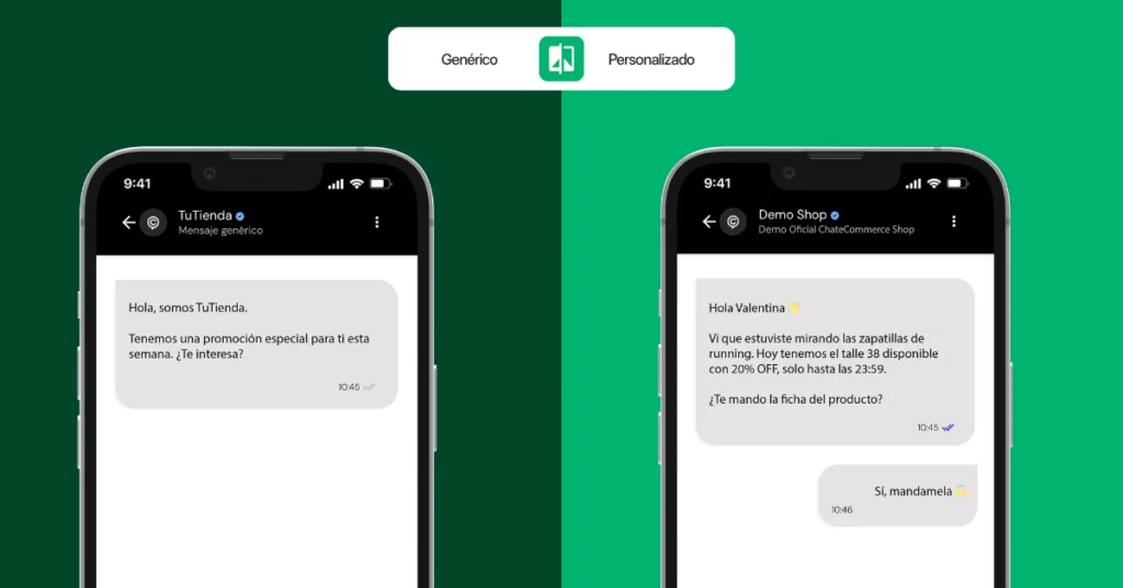 Comparación de mensajes de WhatsApp genérico versus personalizado con nombre del cliente