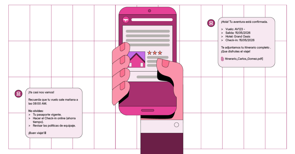 Confirmaciones de reserva y recordatorios de viaje enviados por WhatsApp