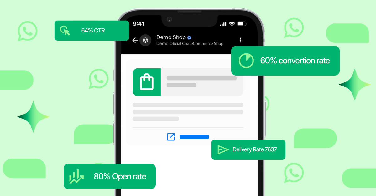 Panel de métricas de WhatsApp Marketing con KPIs de tasa de apertura y conversión para ecommerce